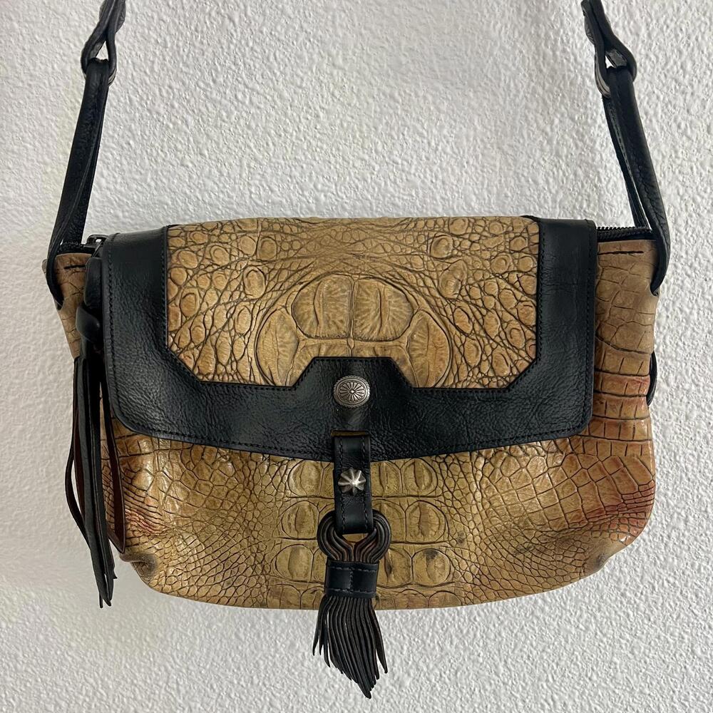 Vintage 70’s Authentic Croc/Alligator Brown Leather Shoulder Bag w/ Tassels